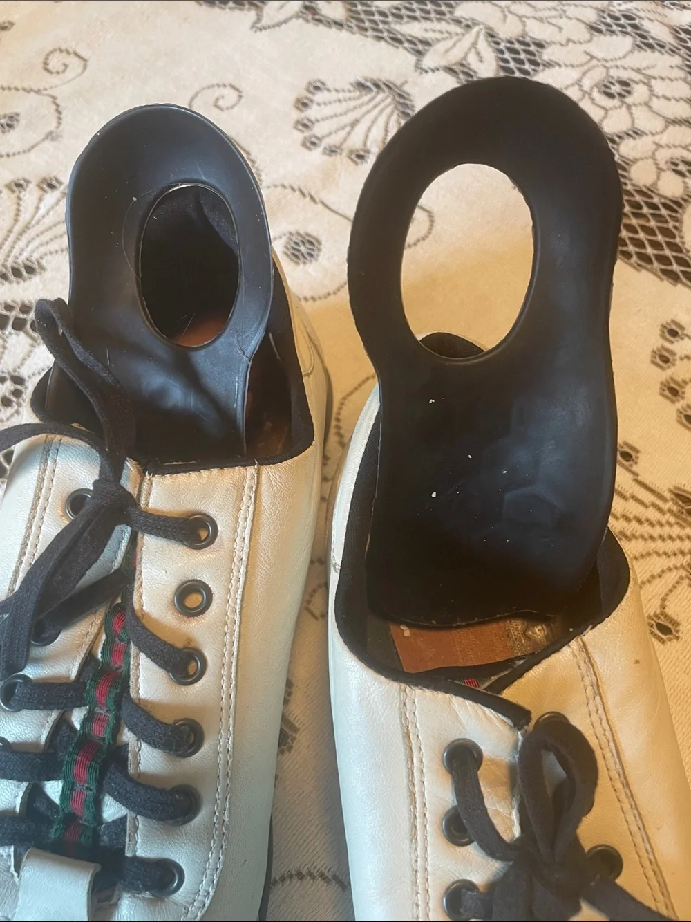 Gucci Vintage Unisex White Leather Lace-Up Sneakers Black Trim Signature Web